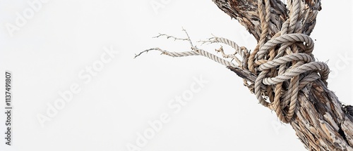 Frayed rope caught in a tree branch with exposed knots, strained structure, snapped wire, tangled thread, frayed rope, dried wood.