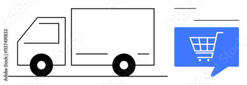 Delivery truck moving towards a blue shopping cart speech bubble. Ideal for e-commerce, logistics, delivery services, online shopping, shipping, retail, supply chain. Line metaphor