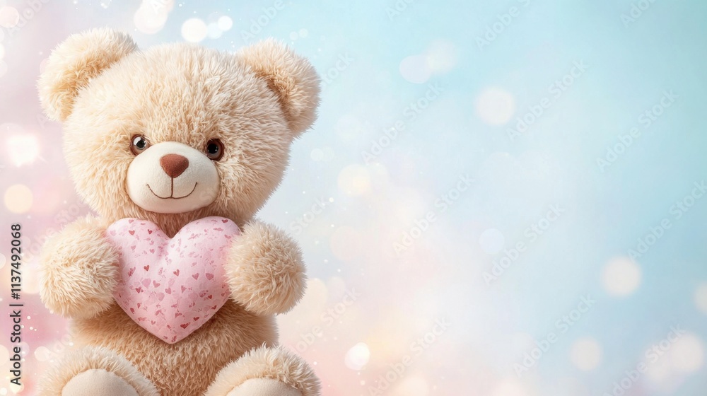 Teddy Bear Holding a Heart Concept. Cute teddy bear holding a heart against a soft pastel background Teddy Bear Holding a Heart Concept. Cute teddy bear holding a heart against a soft pastel background