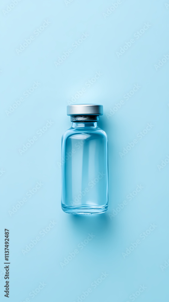 Transparent glass bottle on minimalist blue background Transparent glass bottle on minimalist blue background