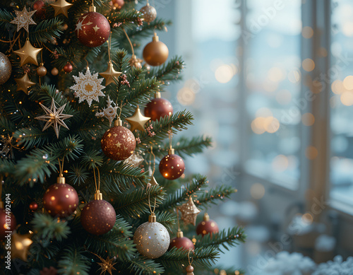 A beautifully decorated Christmas tree with sparkling ornaments and lights
