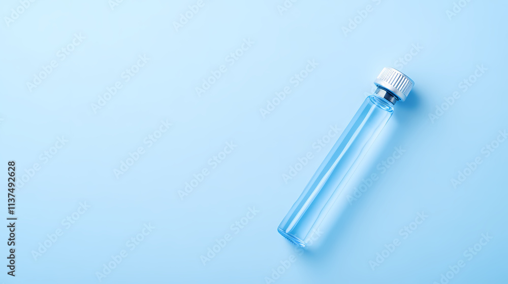 Transparent glass bottle on minimalist blue background