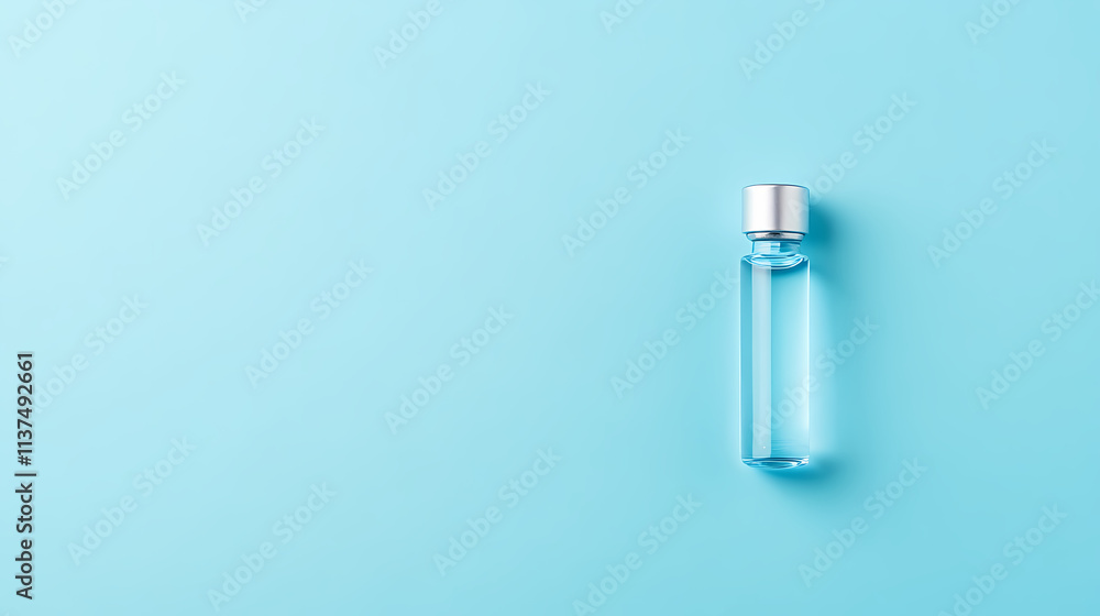Transparent glass bottle on minimalist blue background Transparent glass bottle on minimalist blue background