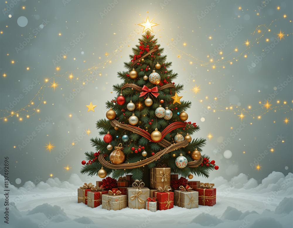 Obraz premium A beautifully decorated Christmas tree with sparkling ornaments and lights