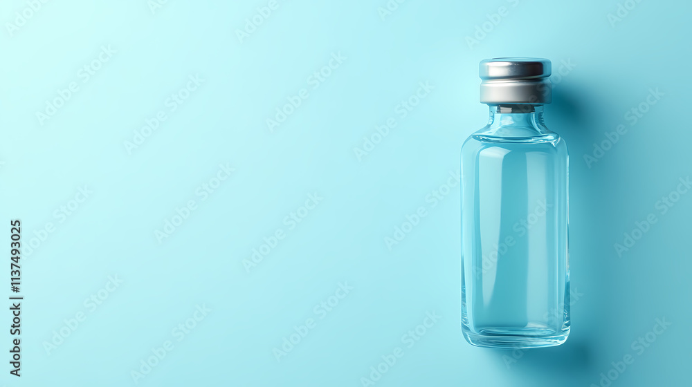 Transparent glass bottle on minimalist blue background Transparent glass bottle on minimalist blue background