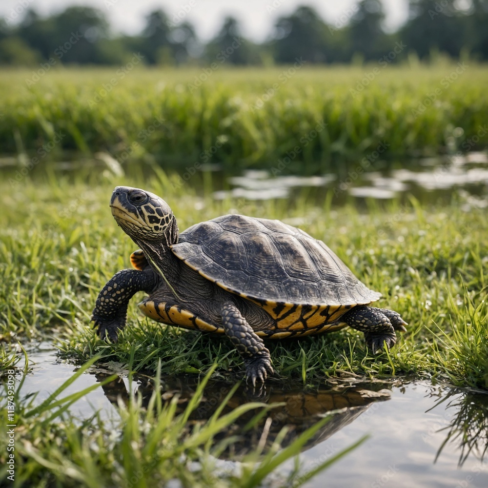 Fototapeta premium A small turtle basking in a grassy field near a pond, with a radiant white backdrop.
