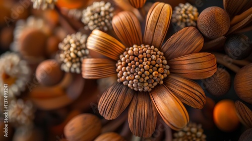 Artistic floral design crafted from wooden beads natural setting macro photography earthy tones creative perspective