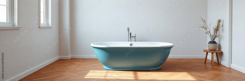 Minimalist wooden bedroom with bathtub, white and blue tones, double bed, parquet floor, wallpaper, Japandi interior design, bathtub, wallpaper Minimalist wooden bedroom with bathtub, white and blue tones, double bed, parquet floor, wallpaper, Japandi interior design, bathtub, wallpaper