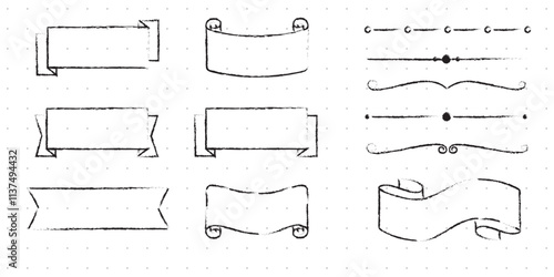 Set of Cute Hand drawn Doodle Banners and Ribbons isolated on white background for your Design. Bullet journal Ideas. Girly Stuff. Sticky Notes.