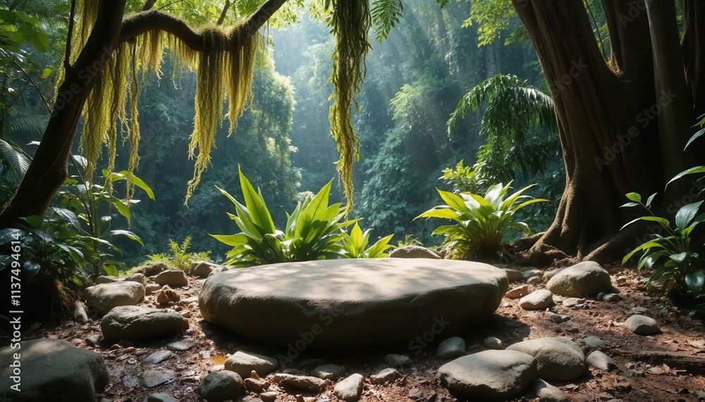 A smooth stone podium in the heart of a rainforest—perfect for adventurous and nature-inspired products. A smooth stone podium in the heart of a rainforest—perfect for adventurous and nature-inspired products.