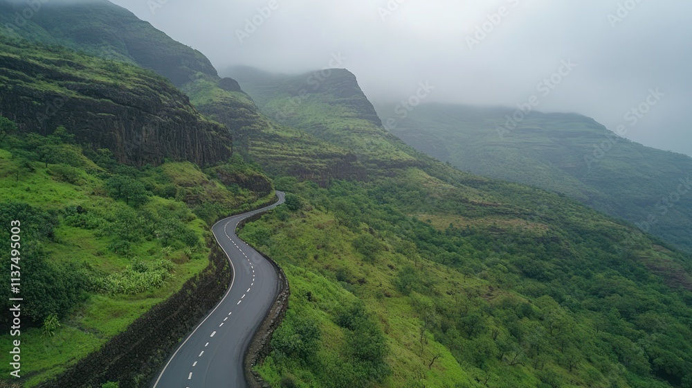 Fototapeta premium Winding road through lush, misty green mountains.