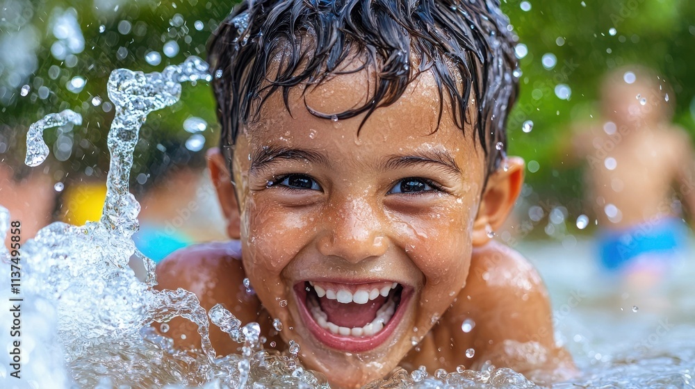 Cheerful young boy with big smile excitedly splashing water and laughing during carefree summer pool party or water play activity Concept of childhood innocence energy and pure happiness Cheerful young boy with big smile excitedly splashing water and laughing during carefree summer pool party or water play activity Concept of childhood innocence energy and pure happiness