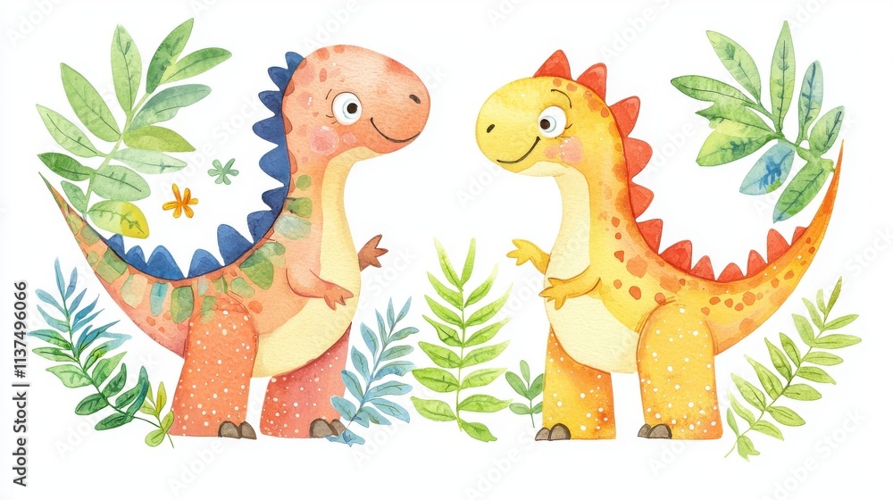 Fototapeta premium Two cheerful dinosaur characters surrounded by lush plants, ideal for children's illustrations or playful designs.