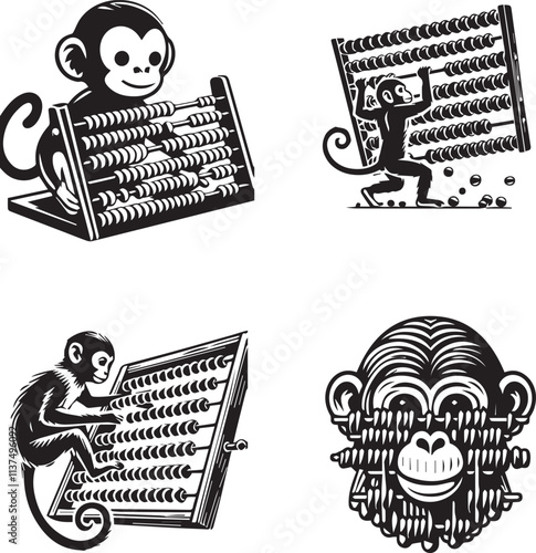 Monkeys Using Abacus Silhouette Vector Illustration