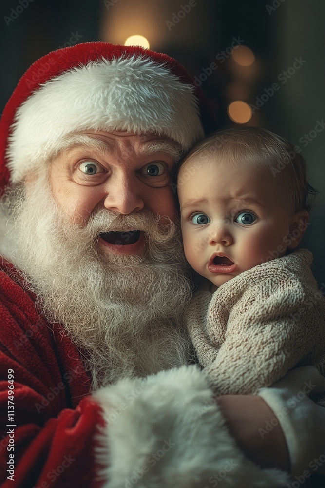 Obraz premium Joyful yule, Ñute child boy joyful with santa claus. Christmas digital ads concept graphic for advertisement and social platforms use. Holiday season graphics. Santa claus happy lap.