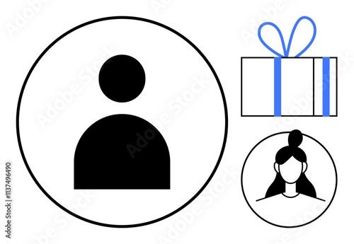 Black silhouette of a male user profile in a circle, a wrapped gift box with a blue ribbon, and a female user profile. Ideal for social media, networking, online communities, gifts, user