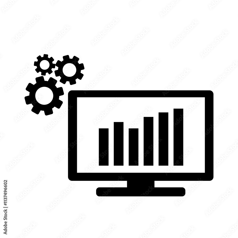 Computer screen with graphs and the gear teeth are on the side icon for templates. Computer screen with graphs and the gear teeth are on the side icon for templates.