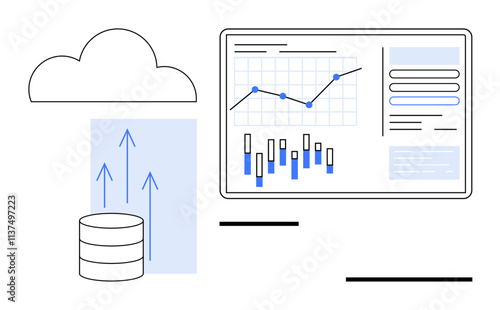 Data being uploaded from database to cloud storage, with analytics including bar graphs and line charts on a screen. Ideal for cloud computing, data analytics, storage solutions, technology