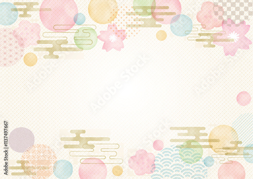 手描き　お正月 年賀状 水彩　梅と桜と水玉と和柄の背景イラスト