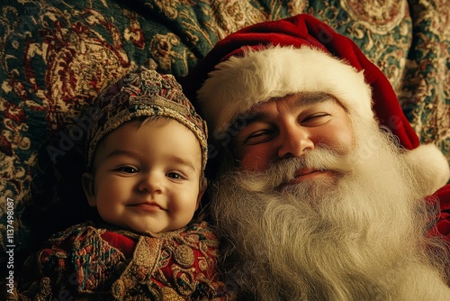 Gleeful noel, Ñute baby boy happy with santa claus. Christmas ad campaign idea picture for print ad and internet use. Christmas decor visuals. Santa claus red toddler. Santa toddler family j.