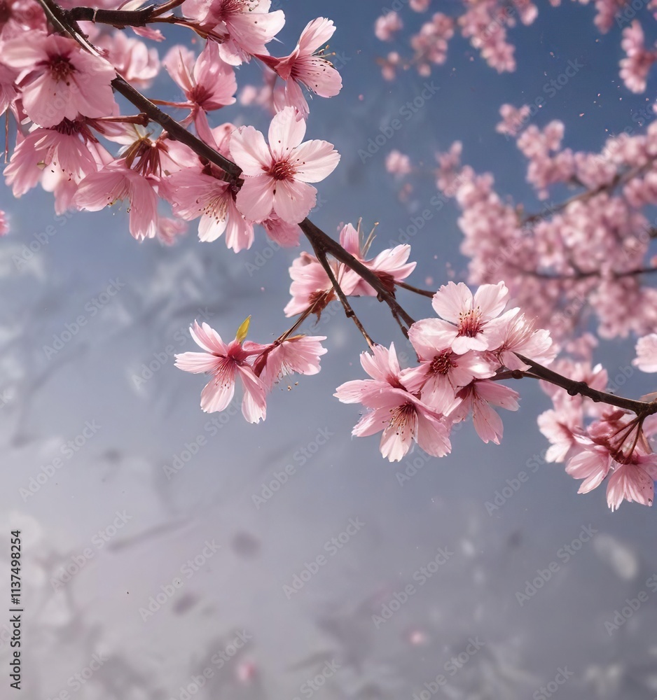Obraz premium Pink cherry blossom petals drifting gently in the breeze, Serene, Seasonal changes