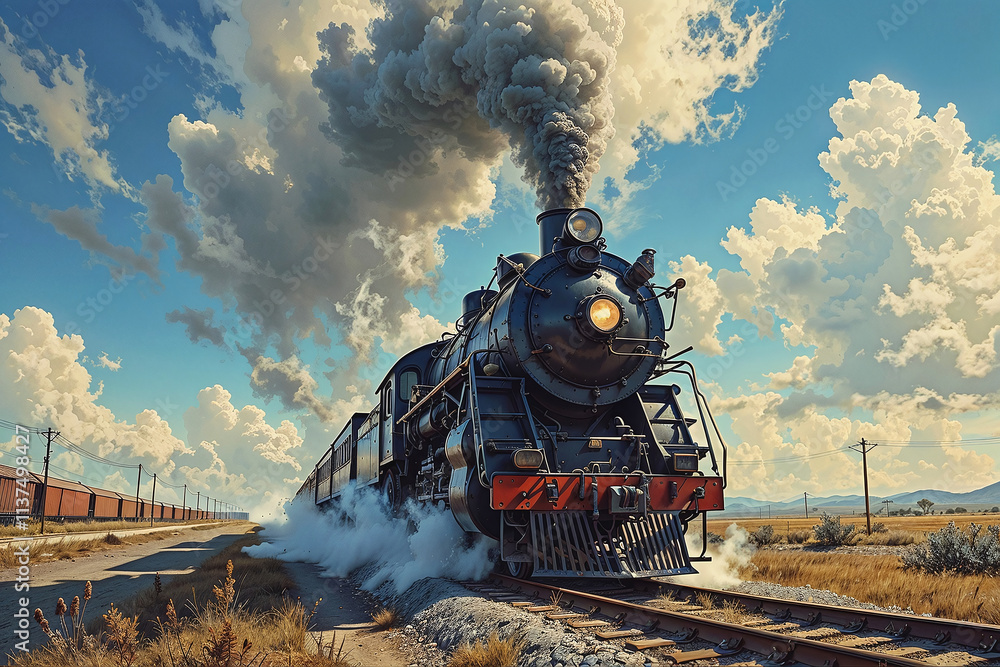 Obraz premium A steam powered locomotive train with passenger carriages speeding thru the countryside on the rail network, transporting commuters to their destination. Graphic illustration railway industry concept.