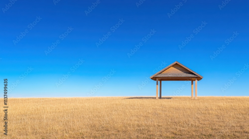 a simple wooden gazebo standing alone in a vast open field with tall golden grass a simple wooden gazebo standing alone in a vast open field with tall golden grass