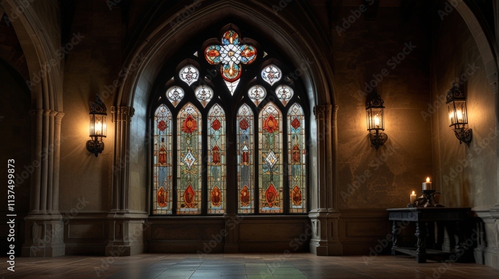 A grand stained glass window illuminates a dark stone room, showcasing vibrant colors and intricate designs, flanked by elegant wall sconces and creating a timeless atmosphere.
A grand stained glass window illuminates a dark stone room, showcasing vibrant colors and intricate designs, flanked by elegant wall sconces and creating a timeless atmosphere.