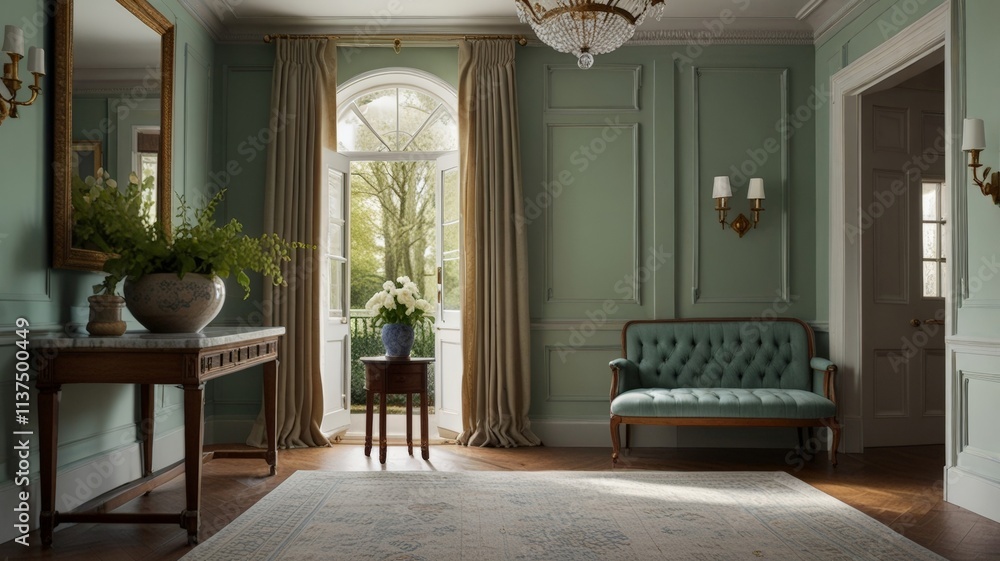 An inviting foyer with soft green walls, a plush blue sofa, and a marble console table topped with flowers, accentuated by natural light streaming through open French doors An inviting foyer with soft green walls, a plush blue sofa, and a marble console table topped with flowers, accentuated by natural light streaming through open French doors