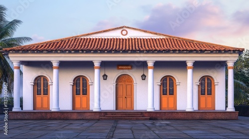 White building, red tiled roof, orange doors.