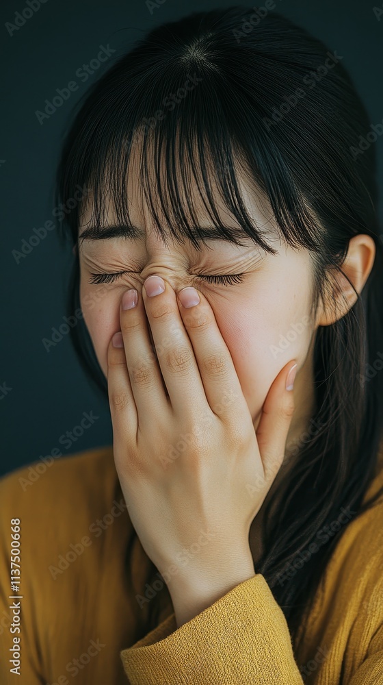 Close-up of a woman covering her face, laughing with eyes closed, expressing joy and amusement in a candid moment. Close-up of a woman covering her face, laughing with eyes closed, expressing joy and amusement in a candid moment.