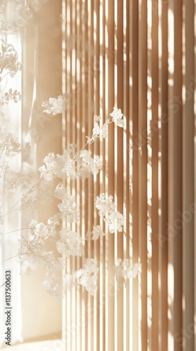 Soft sunlight casting shadows through a wooden slat wall, creating a serene and minimalist ambiance with dried flowers.