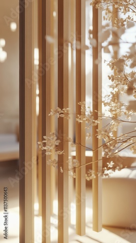 Tranquil room featuring vertical wooden slats and delicate blossoms, capturing minimalist design and natural light in a calming setting.