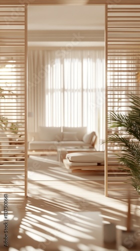 A serene, minimalist living room with natural light, featuring wooden partitions and cozy furnishings for a tranquil atmosphere.