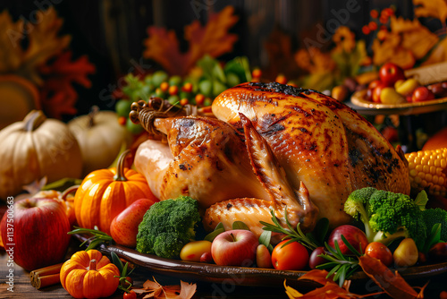 Baked turkey centerpiece for holiday Thanksgiving day, healthy eating concept photo