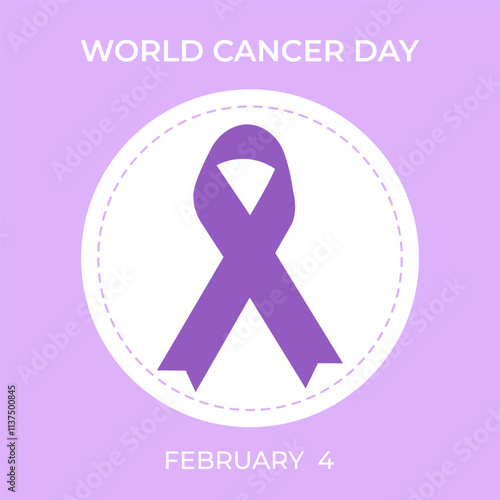 Purple ribbon for world cancer day. Vector illustration for awarennes, support, help and care. .Poster, background, card, banner, social media post, wallpaper.