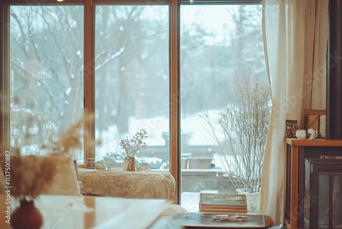 Warm, inviting living room interior overlooking a snowy landscape through large windows, featuring plants and soft decor elements.