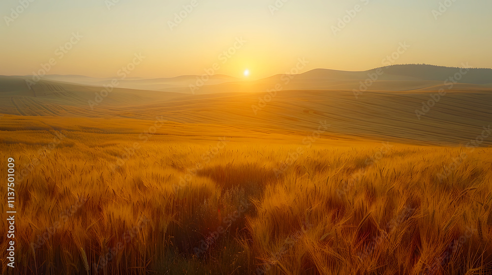 Golden Sunrise Over Serene Wheat Field with Rolling Hills Golden Sunrise Over Serene Wheat Field with Rolling Hills