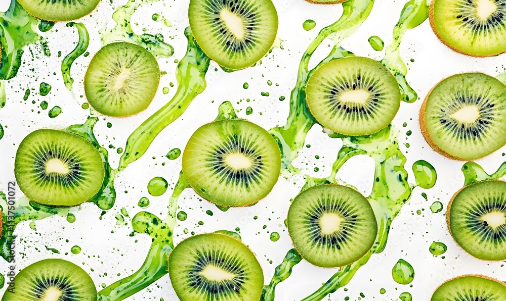 Fototapeta premium Kiwi slices with green juice splattered on white background.