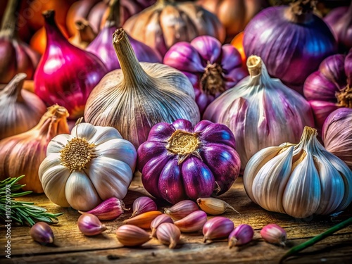 Garlic Portrait Photography: Diverse Varieties, Close-up Shots, Culinary Herbs,  Food Photography,  Purple Garlic, Elephant Garlic, Rocambole Garlic,  Garlic Bulbs,  Garlic Cloves photo