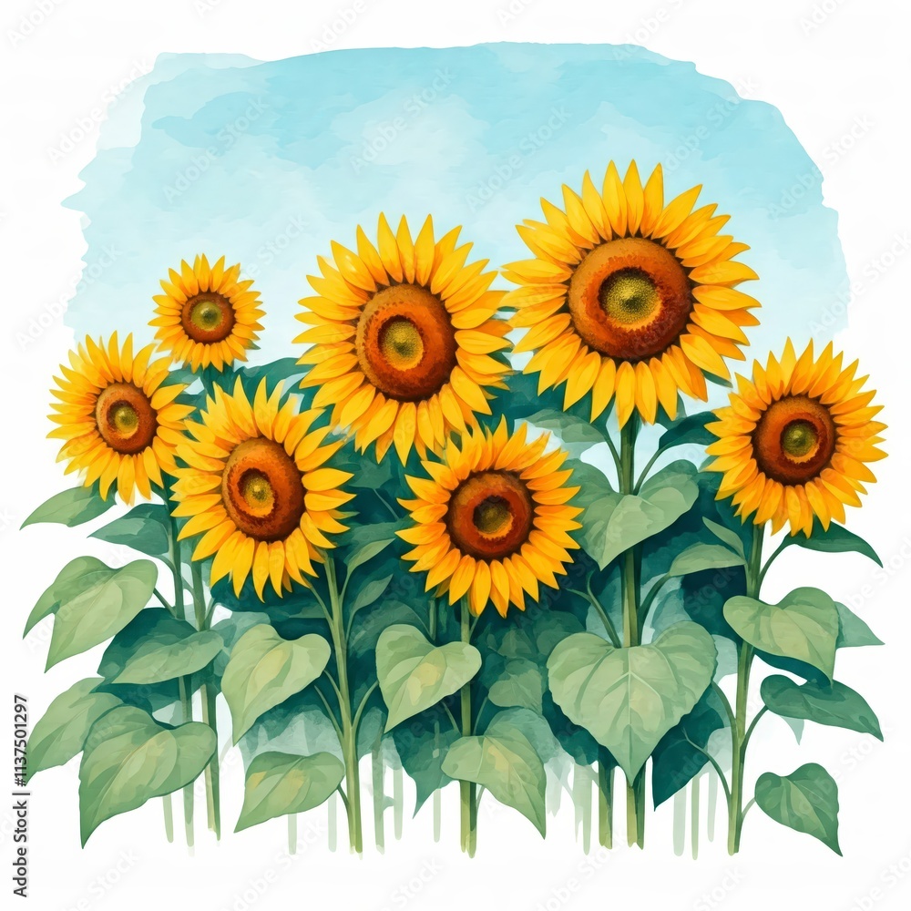 Obraz premium Sunflowers in Watercolor: A vibrant watercolor illustration of a field of sunflowers, capturing the beauty and warmth of summer. The sunflowers are depicted in full bloom.