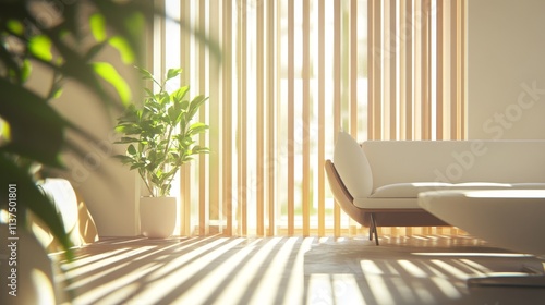 Bright, airy living room featuring sunlight filtering through blinds, a cozy white sofa, and a vibrant indoor plant.