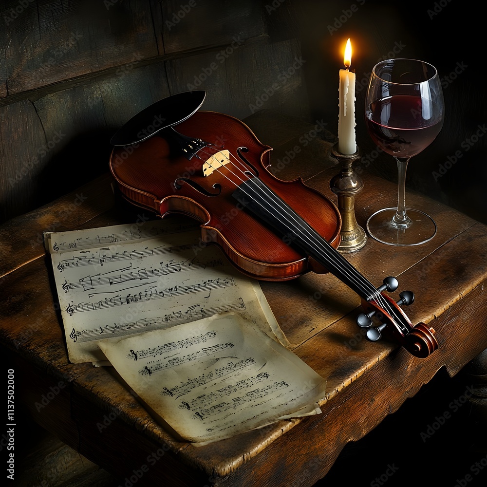 Naklejka premium A vintage still life of a violin resting on a wooden table alongside a candle, sheet music, and a glass of red wine.