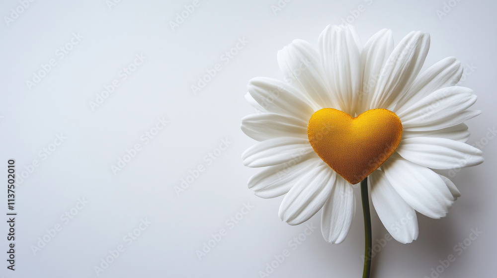 Obraz premium A pristine white daisy with a sunny yellow heart on a light background