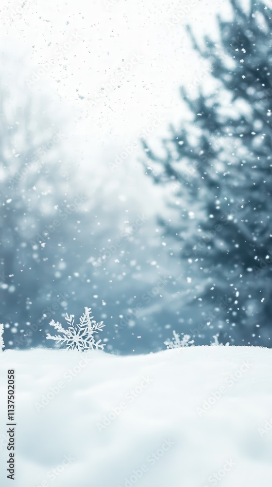 A Single Snowflake on a Blanket of Snow with a Blurred Forest Background A Single Snowflake on a Blanket of Snow with a Blurred Forest Background