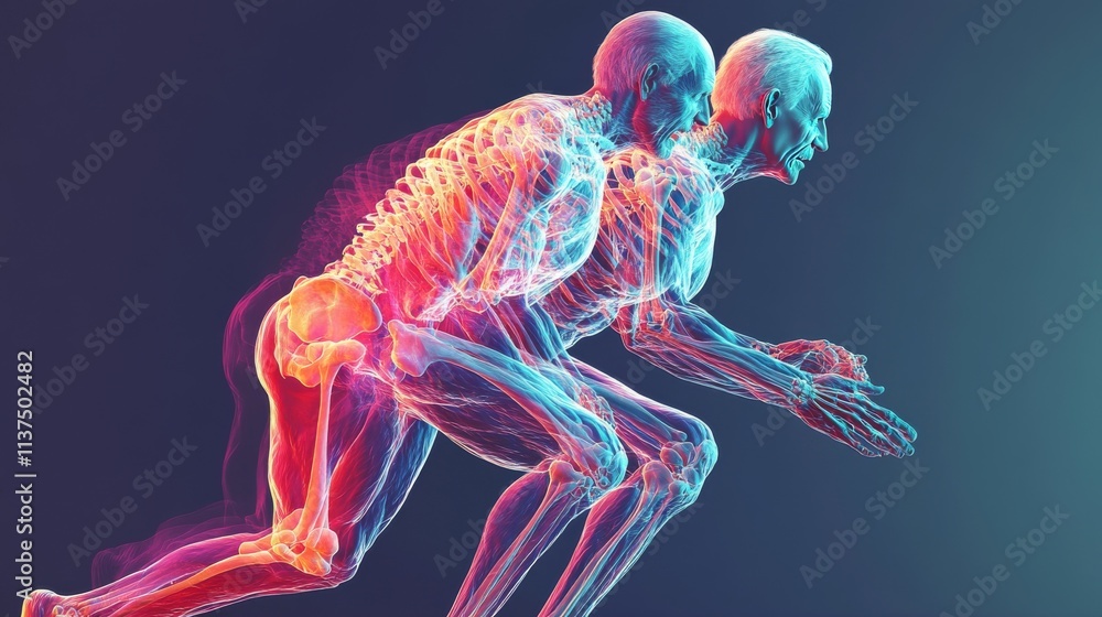 A vibrant 3D rendering of a human skeleton in motion, highlighting the body's structure and dynamics during a running pose. The image showcases translucent effects, emphasizing bones and muscles in an A vibrant 3D rendering of a human skeleton in motion, highlighting the body's structure and dynamics during a running pose. The image showcases translucent effects, emphasizing bones and muscles in an