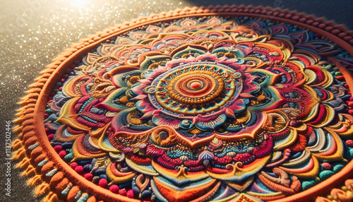 Multicolored mandala made of colored sand. Buddhism, Hinduism, Tantric yoga. Indian ornament photo