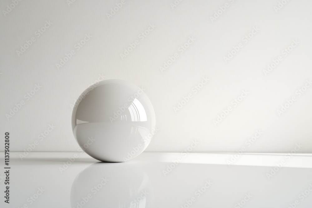 A Single White Sphere on a White Surface with a White Wall in the Background A Single White Sphere on a White Surface with a White Wall in the Background