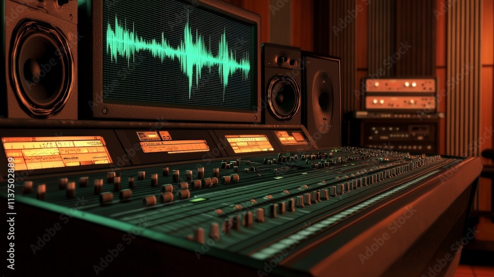 State-of-the-art recording console in modern studio audio equipment showcase vibrant technological environment State-of-the-art recording console in modern studio audio equipment showcase vibrant technological environment