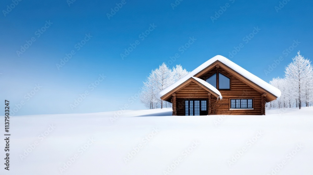 A cozy wooden house surrounded by a snowy landscape and blue sky. A cozy wooden house surrounded by a snowy landscape and blue sky.